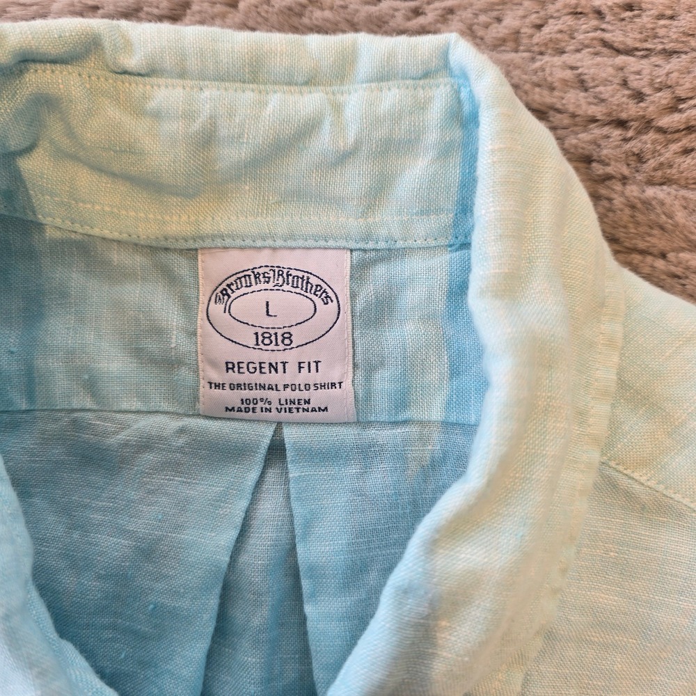 Brooks Brothers Regent Fit 100% Linen Short Sleeve Button Down Shirt Blue L - Picture 2 of 6